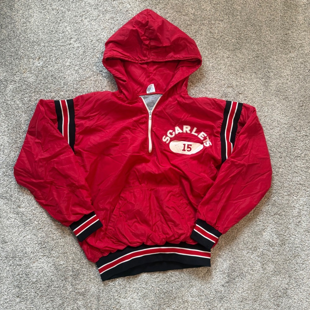 Vintage Russell Athletic Mankato Scarlets Red Nylon Quarter Zip Hooded Jacket M